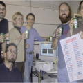 23 October 2002: Trento researchers celebrate their first electrostatically controlled torsion pendulum.  From left to right: Mauro Hueller, Ludovico Carbone, Antonella Cavalleri, William Joseph Weber, CD Hoyle and Rita Dolesi.